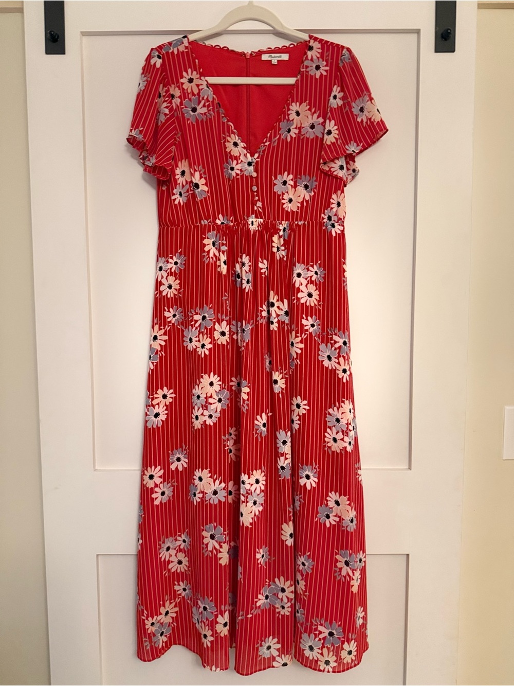 Madewell Red Floral Maxi Dress with V-Neck